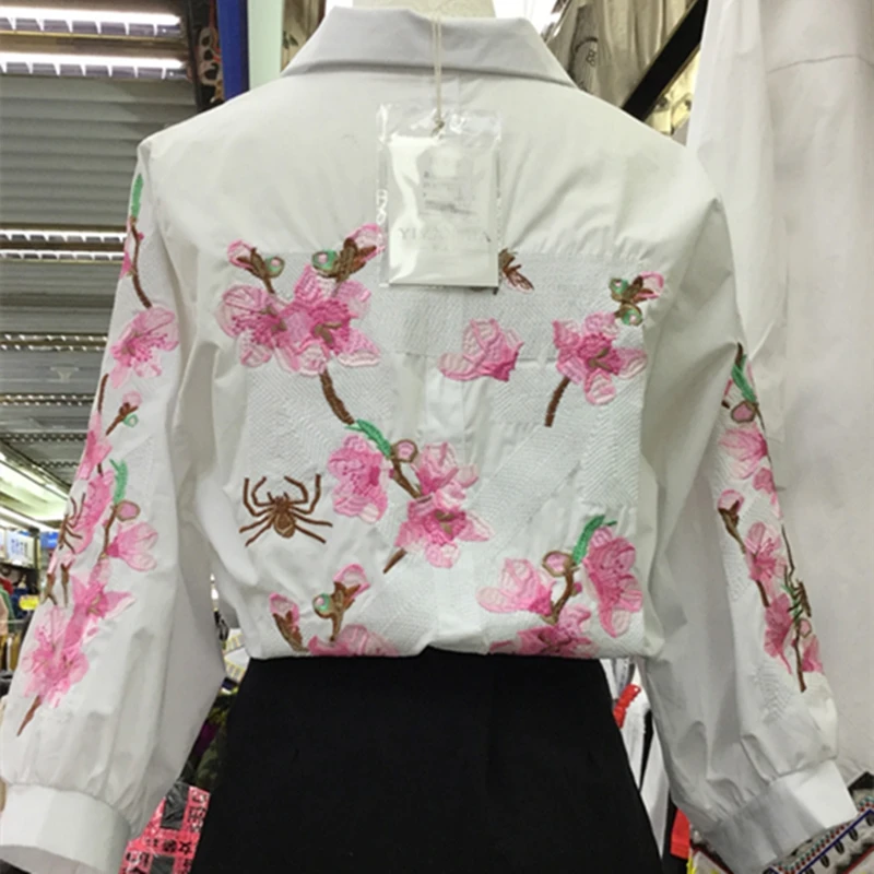 Spring Autumn Tops Woman Irregular Flower Embroidery Shirt New Loose Casual Blouse V-Neck lantern Sleeve blouses Female HF76 | Женская