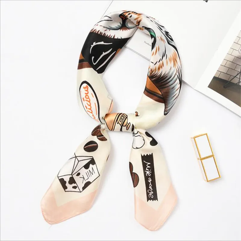 New 70x70cm Women Polyester Silk Scarf Cat Food Cute Printed Satin Small Square Wraps Scarves Shawl Headbands Ties handchiefs |