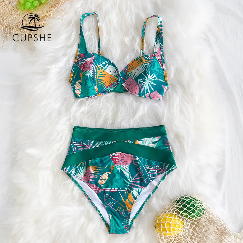 CUPSHE Ретро пальмовый принт с высокой талией бикини Зеленый купальник