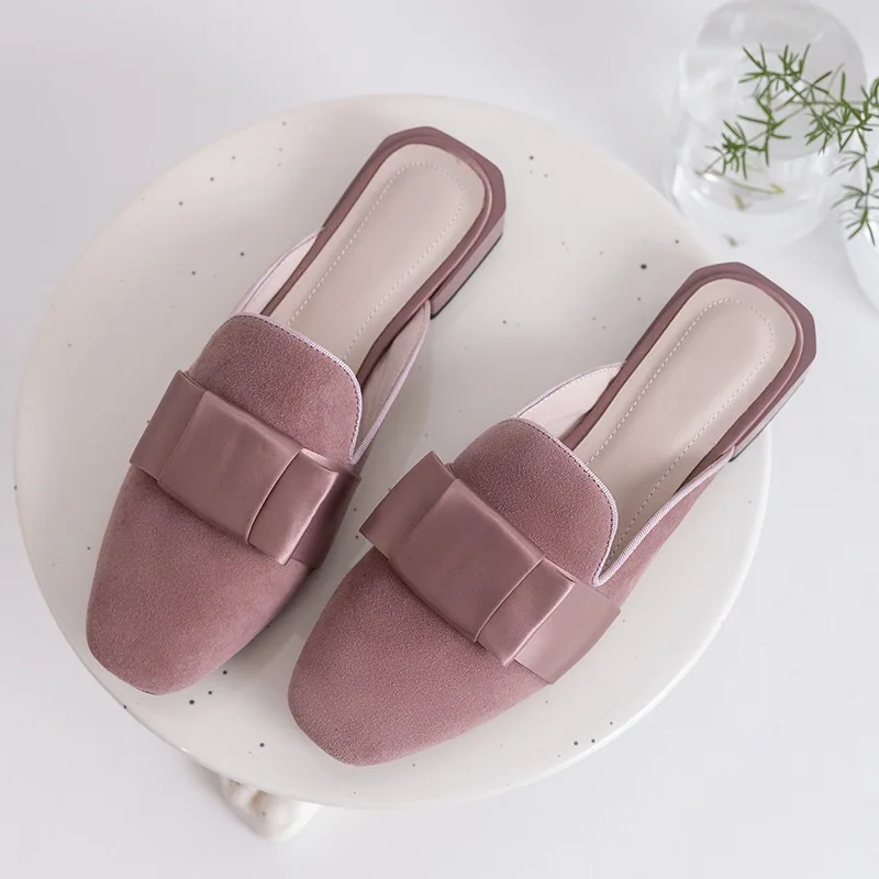 Pink Donna-in/женские туфли без шнуровки; модные шлепанцы из натуральной кожи; летние сандалии с квадратным носком; элегантная женская обувь с бантом - Цвет: Pink
