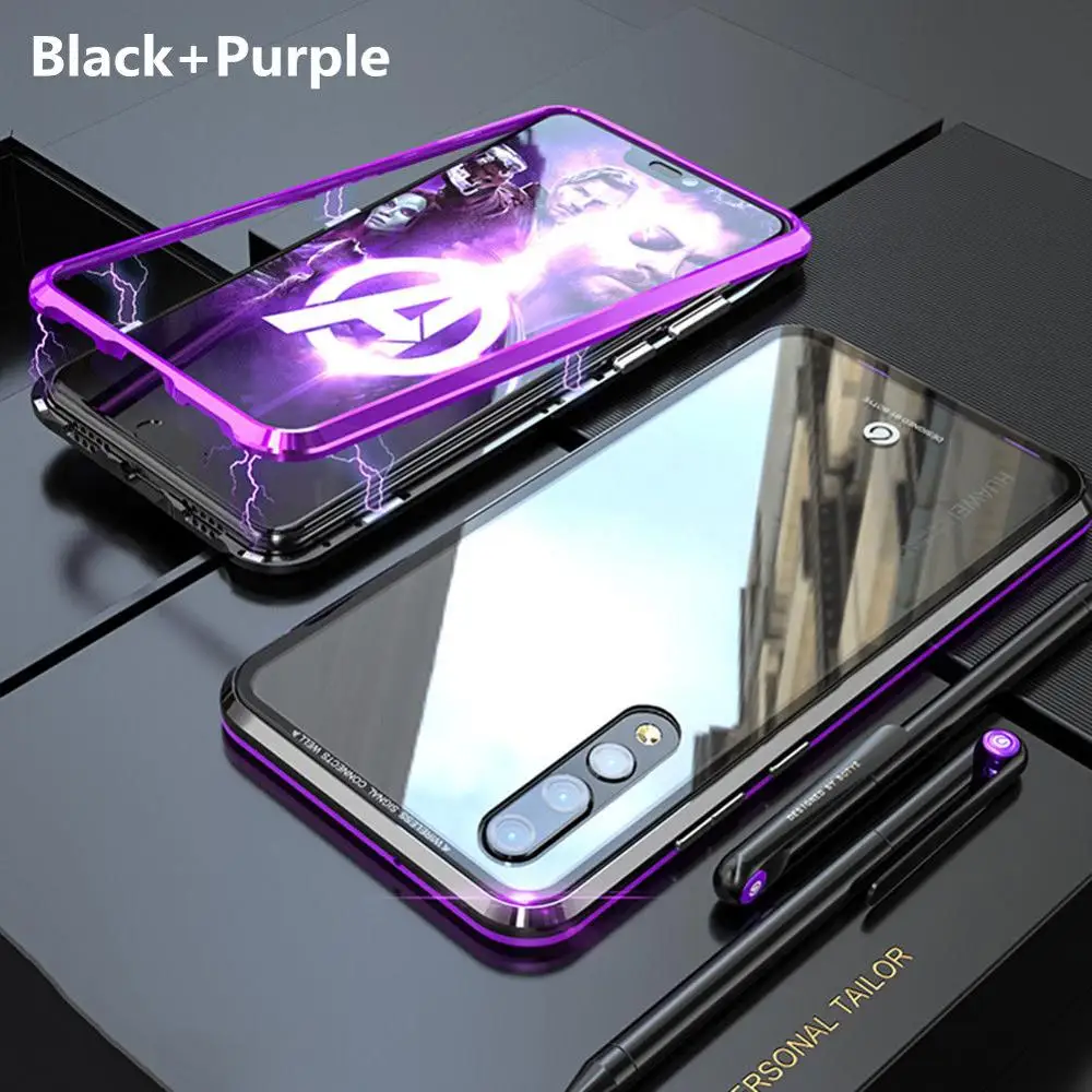 Роскошный Магнитный чехол для huawei Nova 3 3e P20 Pro, металлический бампер, магниты, стеклянный чехол, чехол для huawei P20 Lite, чехол Nova3e Nova3 - Цвет: Black-Purple