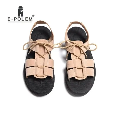 

Fashion Summer Men Sandals Black Ankle-Wrap Leather Flat Sandals Male Casual Lace-Up Sandals Shoes