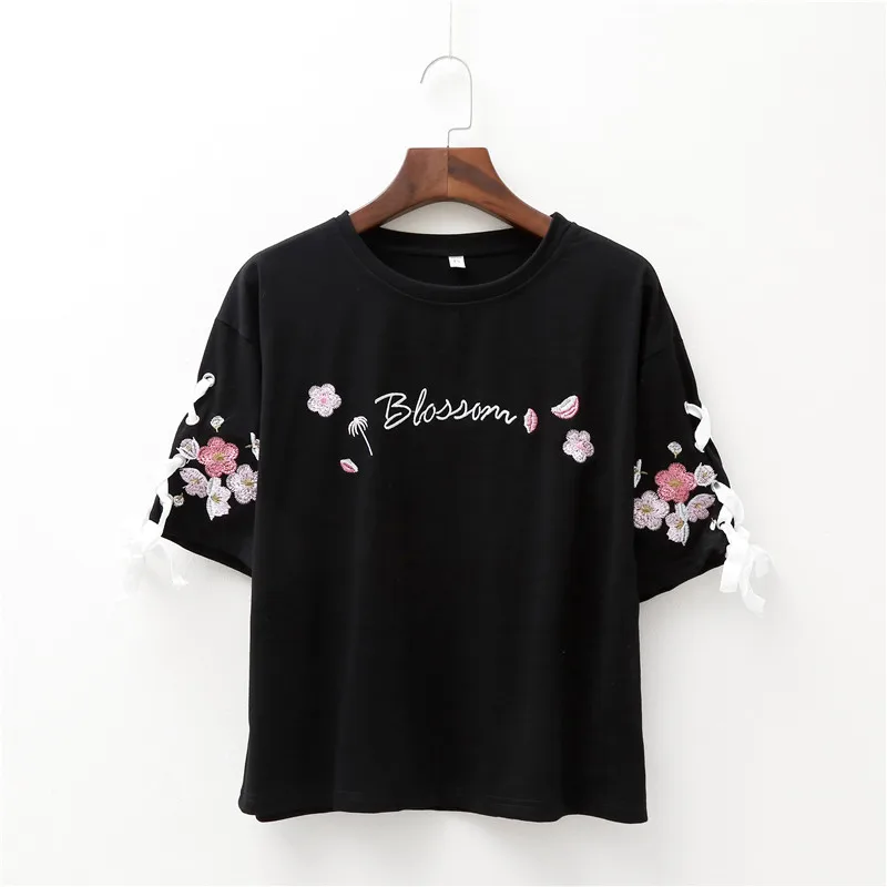Harajuku модная женская футболка с вышитыми буквами и цветами милые забавные черно