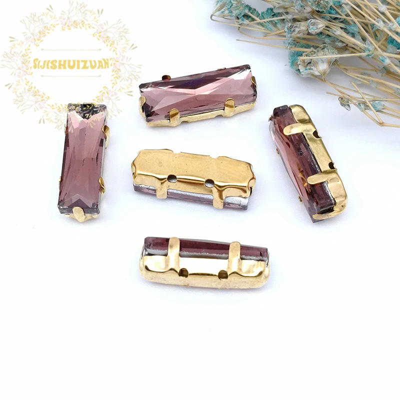 Пришивные стразы с золотыми когтями прямоугольные из синего и бирюзового цвета