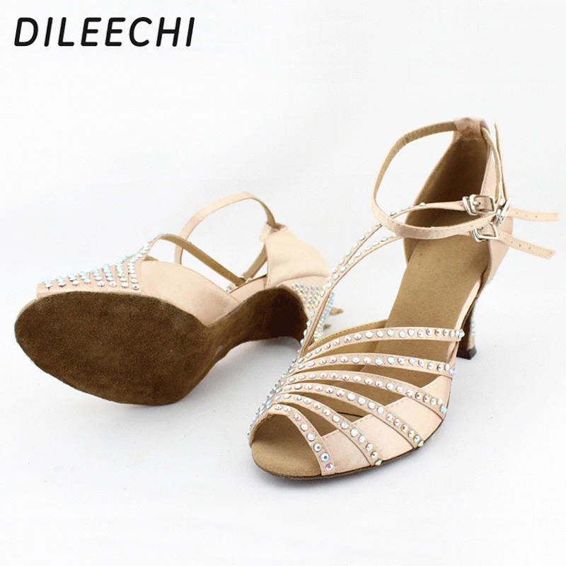 DILEECHI Skin color satin rhinestones shoes women's Latin dance soft outsole Salsa Tango Square | Спорт и развлечения