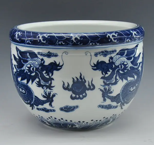 

Chinese Antique Reproduction Blue And White Porcelain Ceramic Fish Bowl Flower Pot With Qing QianLong Mark