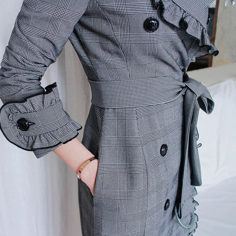 Тренч Женский длинный с рюшами двубортный длинным рукавом | Женская одежда