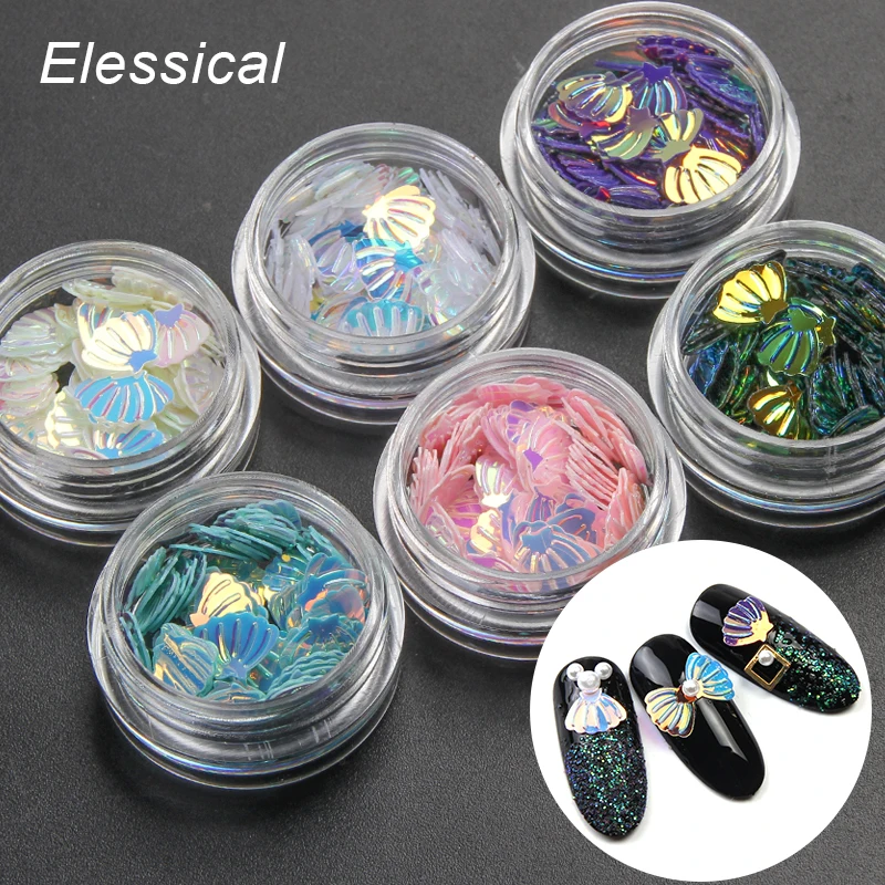 Elessical 6 бутылок В виде ракушки Дизайн блеск ногтей Русалка хлопья DIY украшения 3D