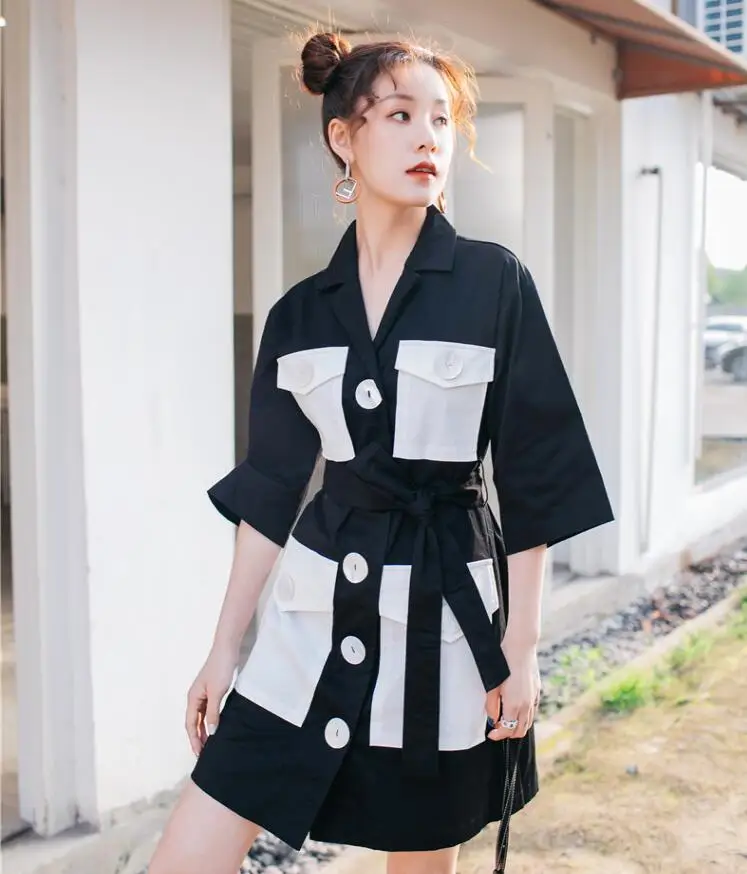 WHITNEY WANG 2019 Summer Fashion Streetwear Colors Contrast Pockets Big Buttons Sashes Shirt Dress Women Casual | Женская одежда