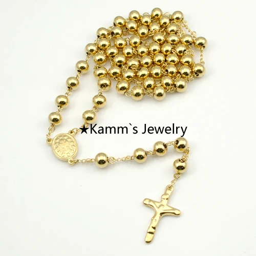Позолоченные четки 8 мм бисер 73 см религиозная цепь из нержавеющей стали 316L