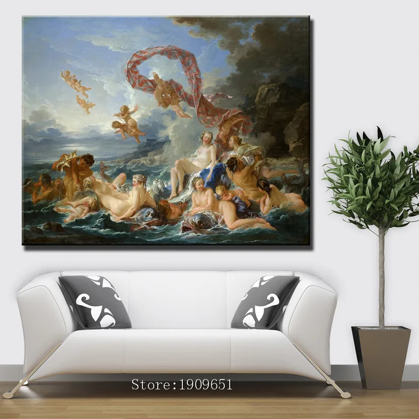 Холст с печатью классических религиозных фигур, обнаженным ангелом и морским пейзажем, напечатанный на хлопке, без рамы, для украшения стены.