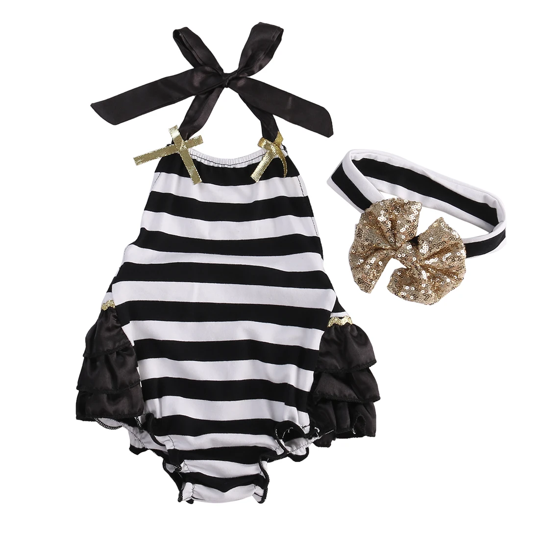 

Baby Girls Clothes Floral Stripe Bodysuit +Headband 2pcs Jumpsuit Sunsuit Outfit Size 0-24M