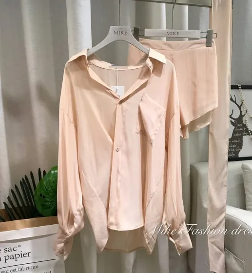 2019 New Spring Pure Color Loose Belt Long-sleeved Blouse Shirt + Wide Leg Shorts Two-piece Lady Girls Casual Suit |