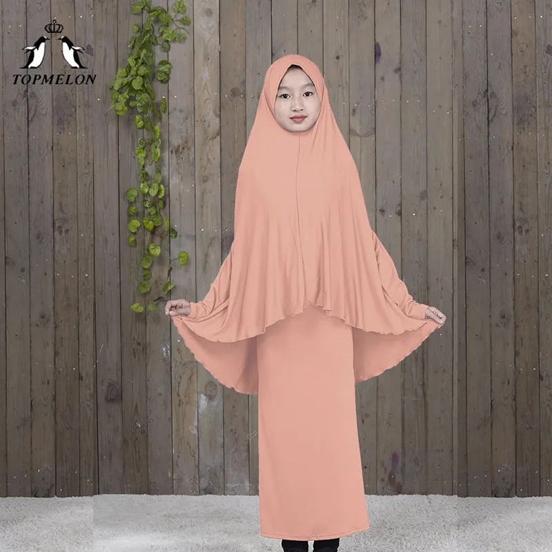 Розовый TOPMELON традиционные abaya хиджаб халаты для девочек из двух частей мусульманская молитва одежда Дети Твердые свободные большие abaya s - Цвет: Розовый