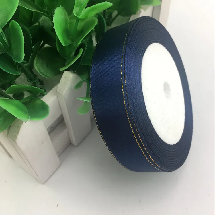 Dark Blue Золотой Край 25 ярдов 20 мм двусторонний атласные ленты цветок торт украшенный Бабочка Свадебный подарок упаковка для конфет ленты - Цвет: Dark Blue