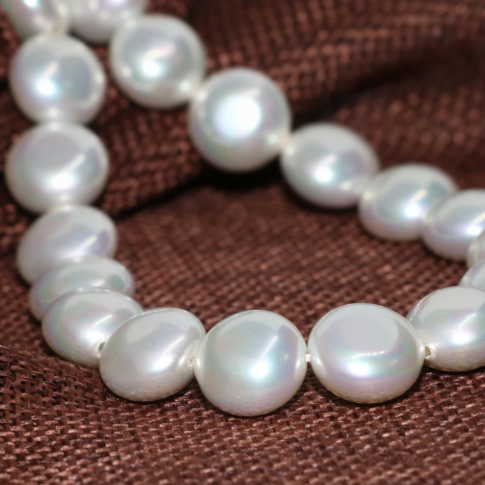 High quality natural white shell pearl round flat coin beads 12mm women charming party wedding gifts jewelry making 15inch B2279 | Украшения