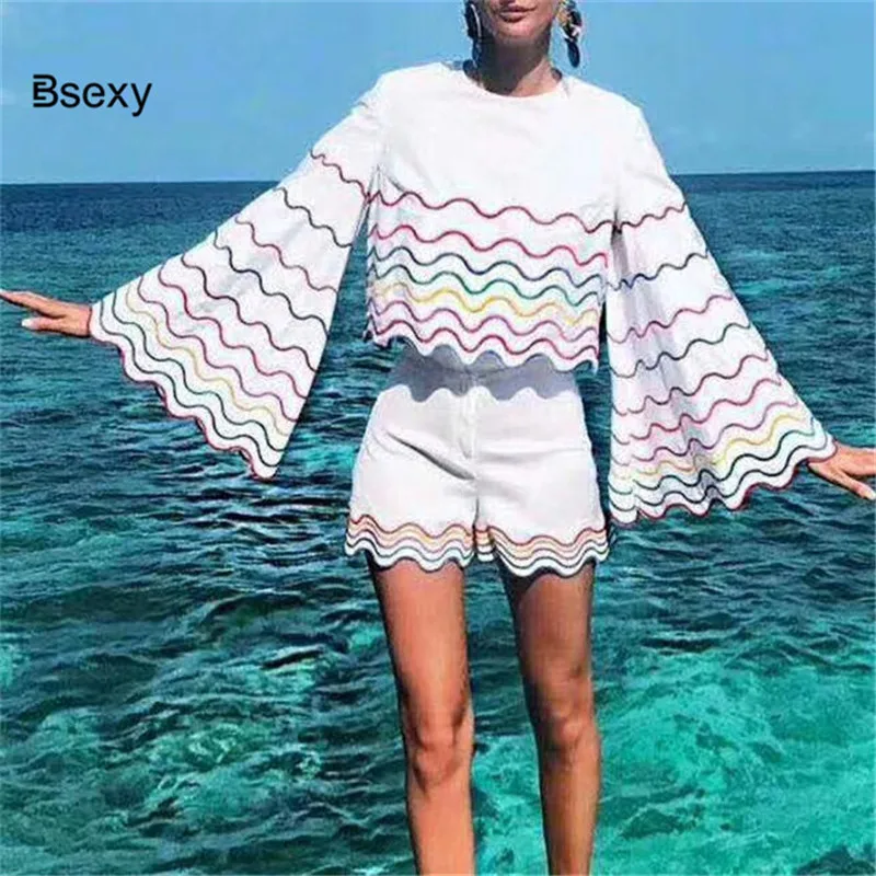 Модный трикотажный комплект из 2 предметов Женский Свободный укороченный топ с