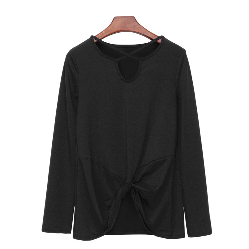 

Fashion Twisted Hem Neckline Cross Long Sleeve Shirt Women Solid Color Hollow Out Casual Slim Sexy V Neck Tops Tees Clothes