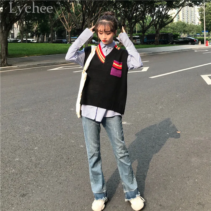 Женский трикотажный жилет Lychee в радужную полоску повседневный Свободный Топ без
