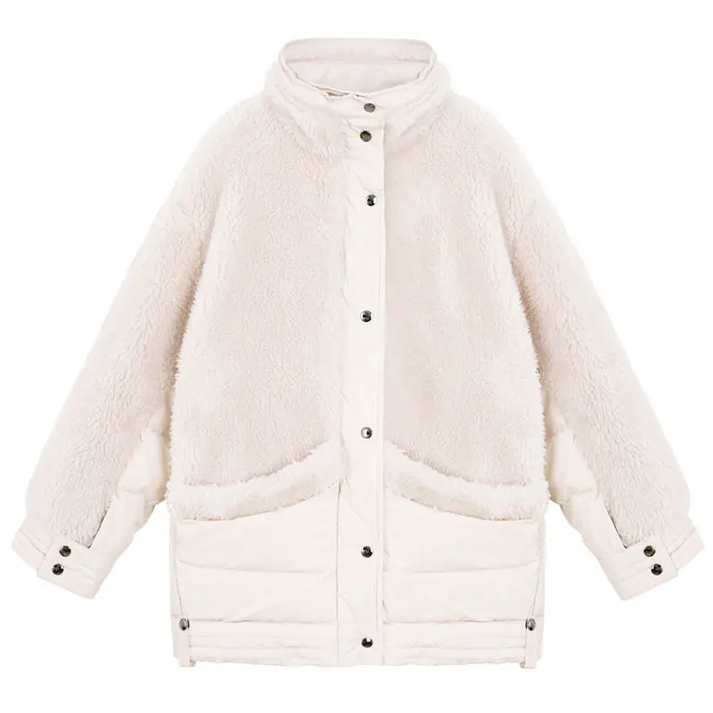 beige white Овечья шерсть сшивание зимняя куртка для женщин стоячий воротник Длинные парки утепленная теплая хлопковая Женская Куртка парка Mujer зимнее пальто C5653 - Цвет: beige white