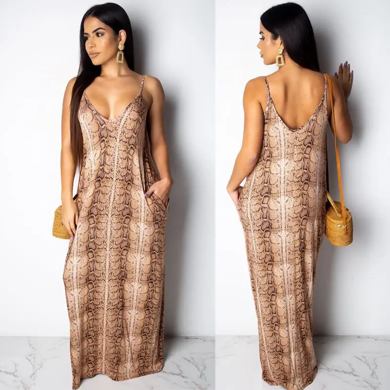 ZKYZWX под змеиную кожу сексуальным вырезом на спине и Maxi Dress Vestidos Для женщин