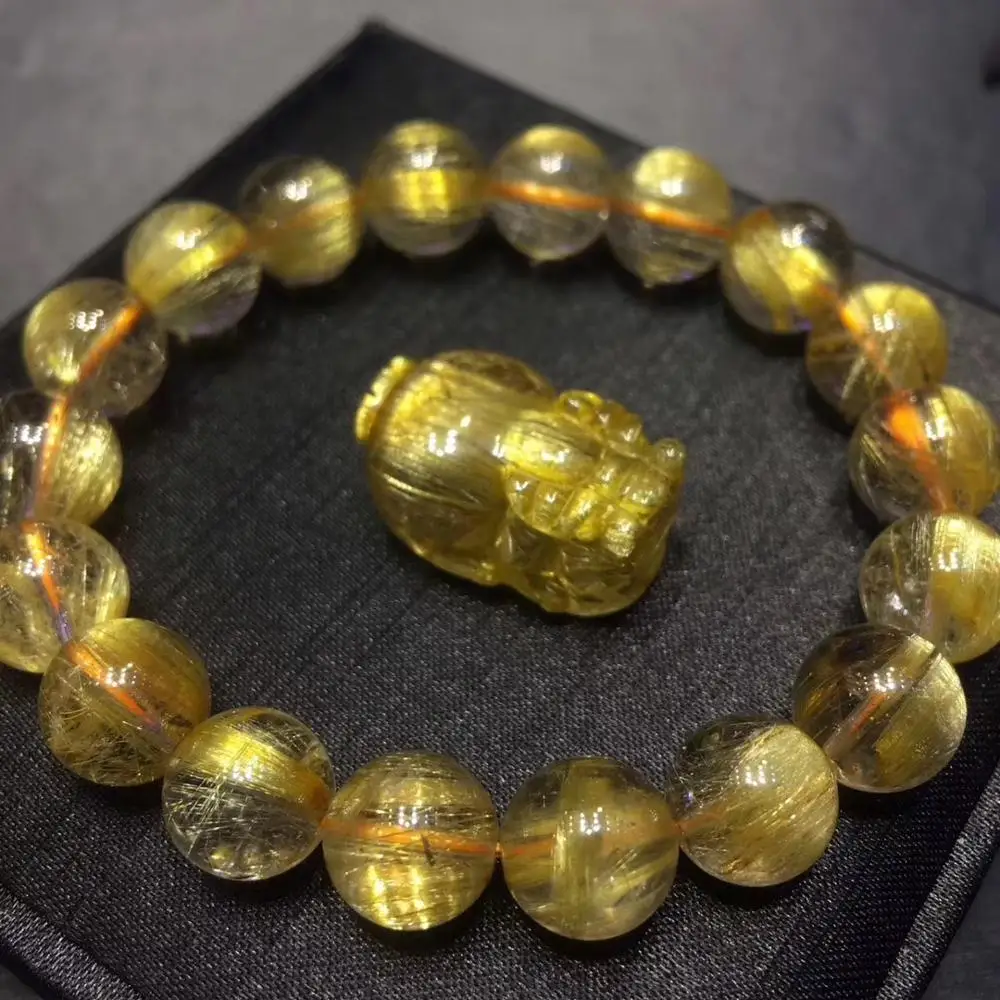 Günstig Natürliche Gold Rutilated Titan Quarz Armband Brasilien Frauen Männer 16mm Runde Perlen Kristall Stretch Pi Xiu Zertifikat AAAAAA