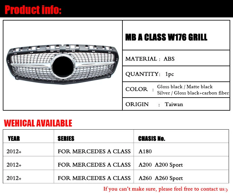 W176 Алмазная решетка для Mercedes Benz A Class A180 A200 A250 решетки глянцевый черный без эмблемы