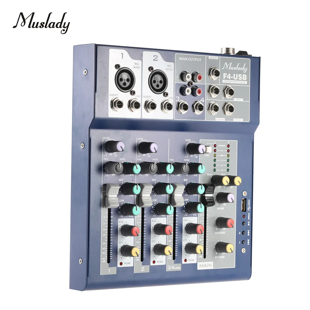 

Muslady F4 4-канальный микшерный пульт 3-полосный USB Функция Live dj микшер 48В с Bulit в эффект процессор микрофон Вход