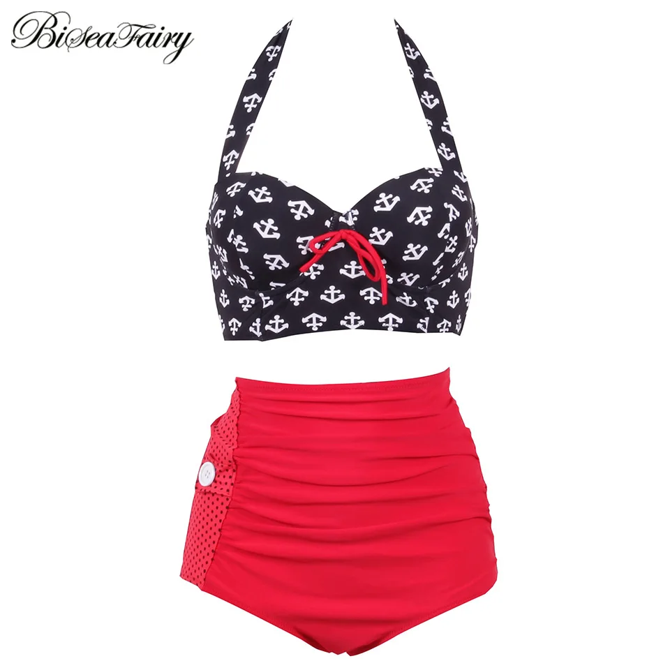 Red Biseafairy, купальник с высокой талией размера плюс, женский купальник, винтажный бикини, купальный костюм,, ретро бикини, набор, большой размер, купальник - Цвет: Red