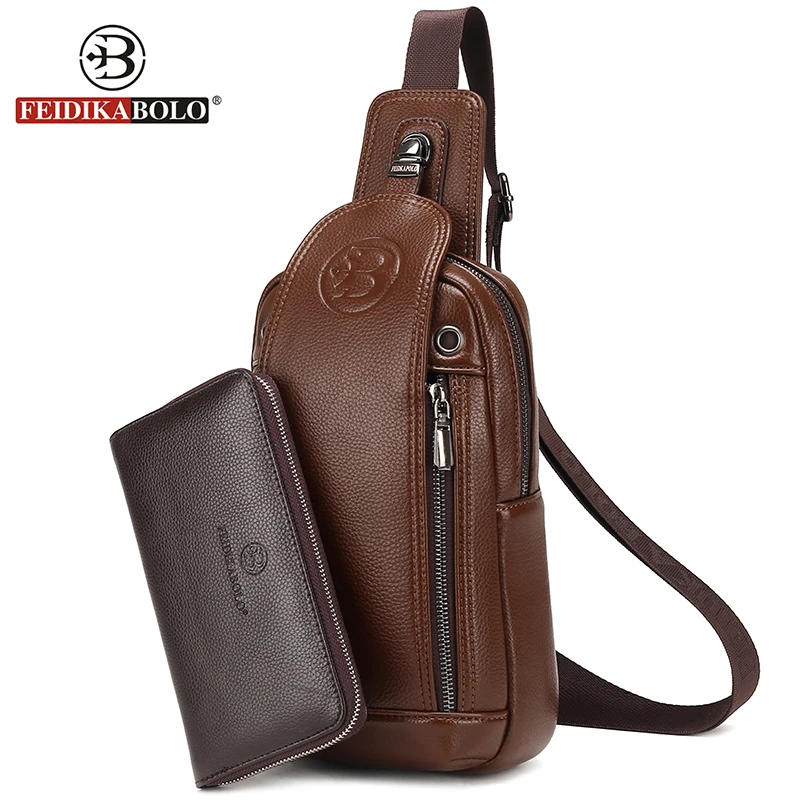 FEIDIKA BOLO брендовая сумка мужская нагрудная с одним плечевым ремнем BackBag кожаная