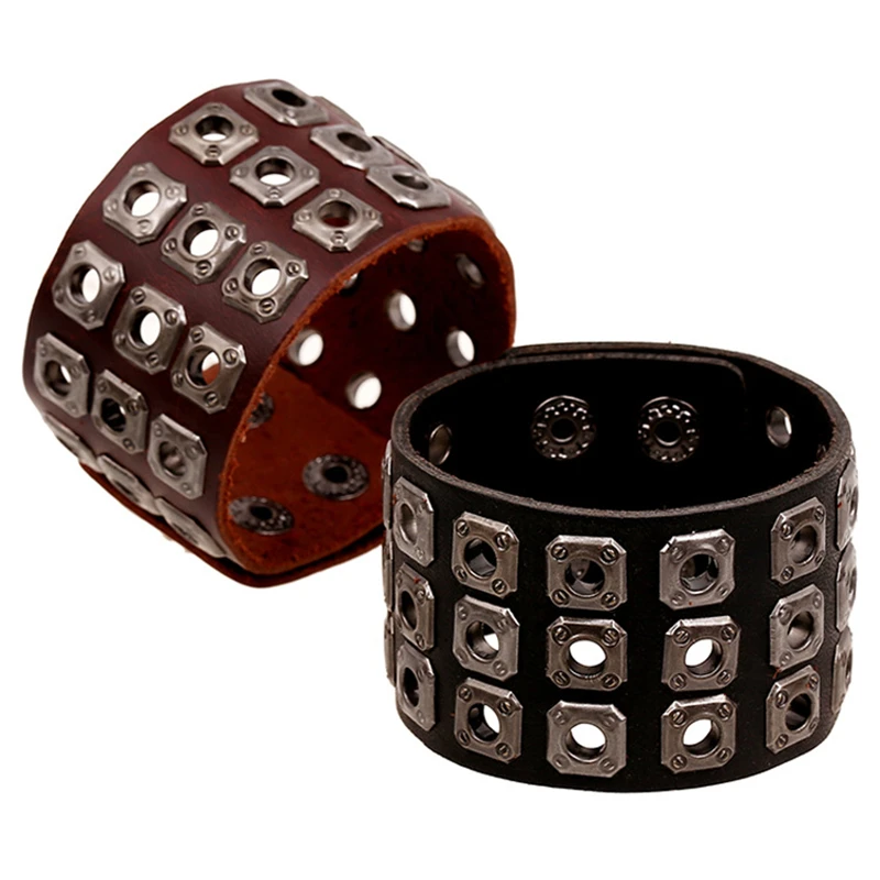 

Casual Retro Brown Black Cowhide Woven Vintage Punk Rock Wide Wrap Charm Genuine Leather Men Bracelets for Women Femme Jewelry