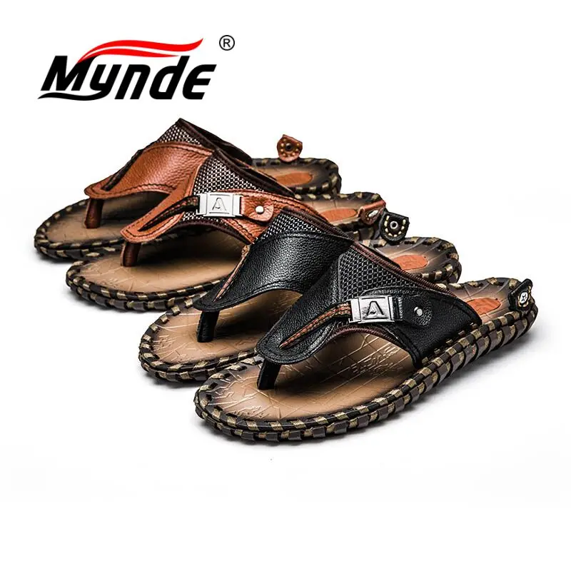 Мужские шлепанцы из натуральной воловьей кожи на плоской подошве|Вьетнамки| |