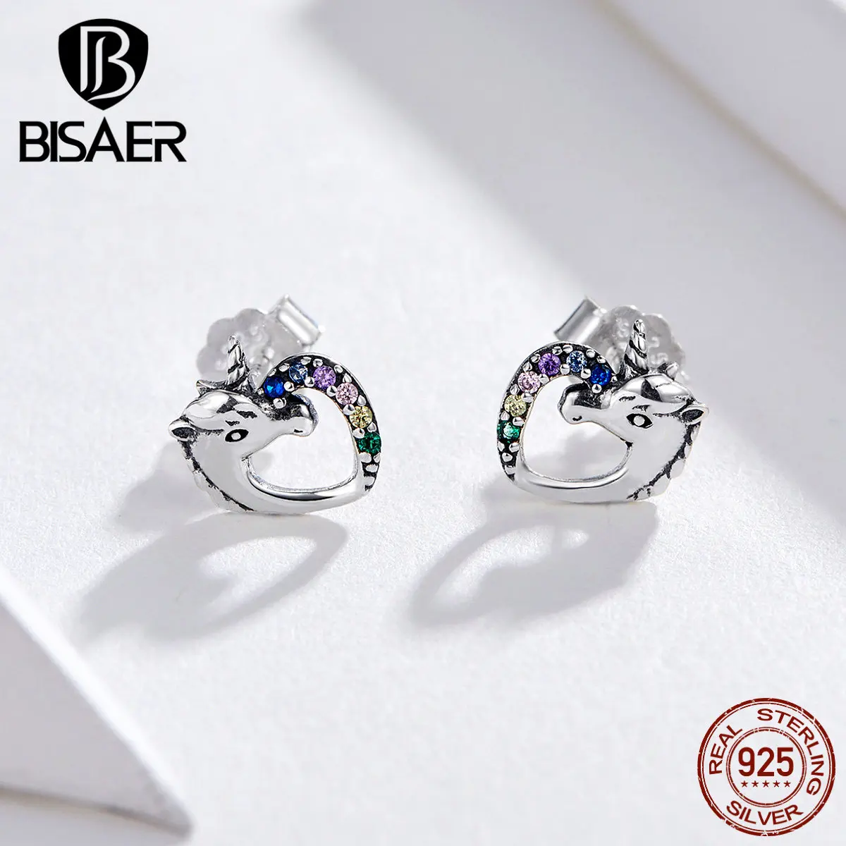 BISAER, Хит, 925 пробы, серебряные, цветные, блестящие, эмалированные, единорог, серьги-гвоздики для женщин, летние серьги, модные ювелирные изделия GXE611