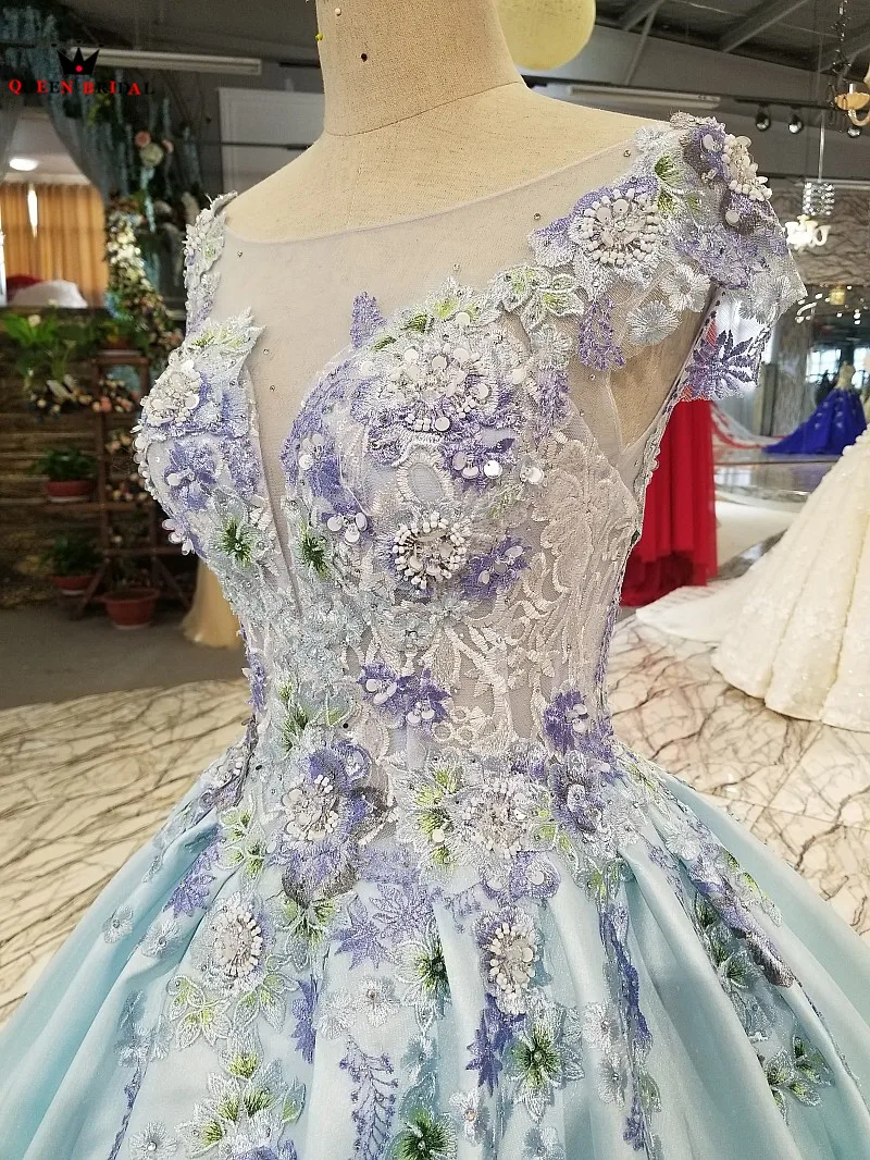 Sky Blue Satin Flowers Appliques Crystal Luxury Long Evening Dresses 100% Real Gown 2021 Vestido De Festa KC602 | Свадьбы и
