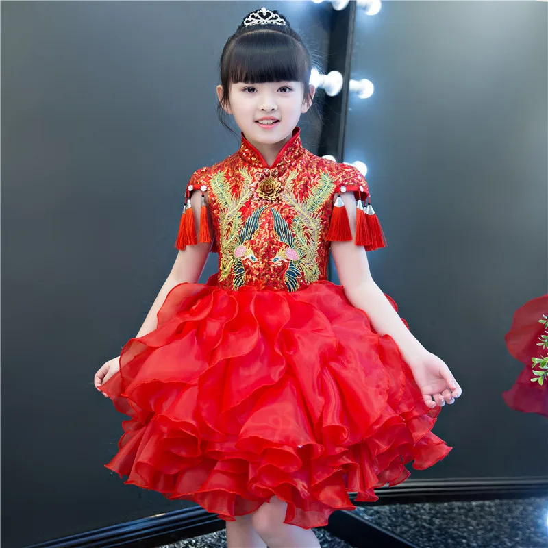 Красные платья принцессы Qipao для девочек Модное детское китайское платье