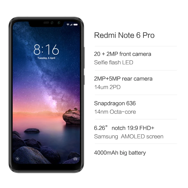 Xiaomi Redmi Note 6 Pro 4 ГБ 64 Восьмиядерный процессор Snapdragon 636 полноэкранный мобильный