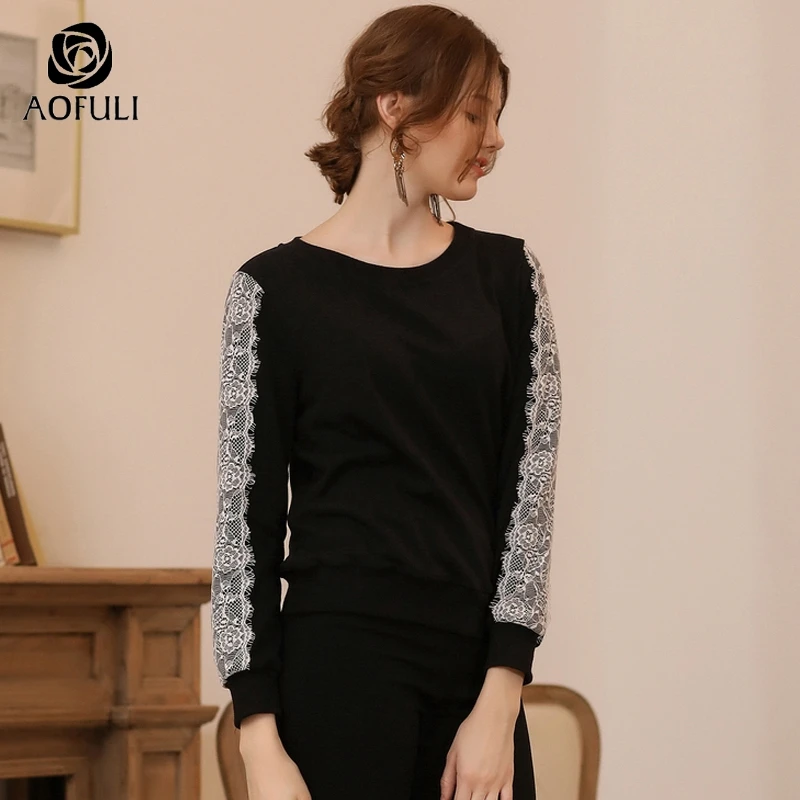 4XL/5XL Lace Patchwork Women Cotton T-shirt Autumn Winter Long Sleeve Sweatshirt Plus Size Lady Tops Black AOFULI A3733 | Женская одежда