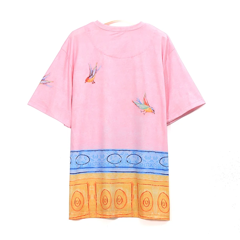 New 2018 Women Pink Color Tee Top Big Size Loose T-Shirt Half Sleeve Cartoon Printed Girls Casual Street Wear T Shirt Style 3338 | Женская
