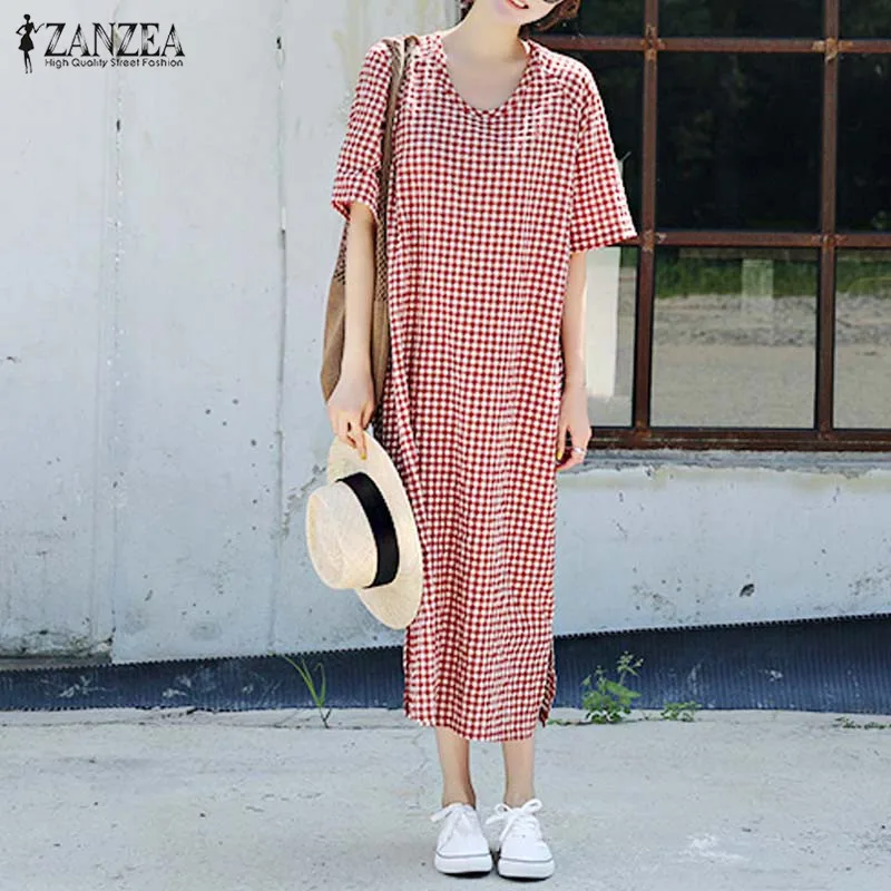 S 5XL ZANZEA Летняя Повседневная клетчатая рубашка Vestido 2020 женское клетчатое платье с