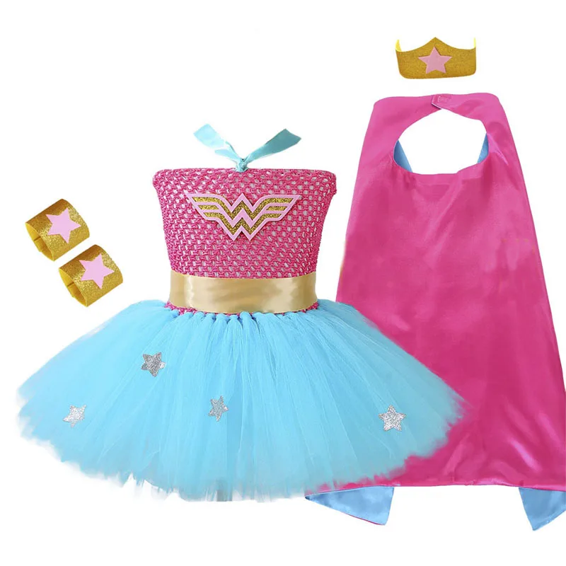 Wonder Woman-Pink Wonder Woman/платье-пачка для девочек, платье Супермена, Бэтмена, Человека-паука, Робина на день рождения, вечернее платье на Хэллоуин, карнавальный костюм для детей, 1 комплект - Цвет: Wonder Woman-Pink