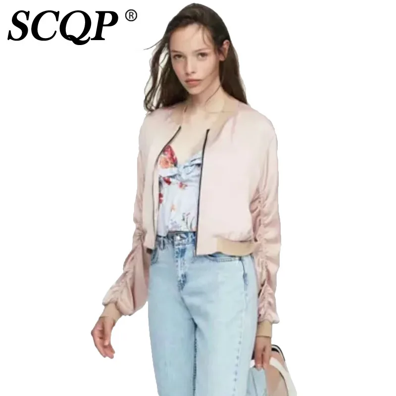 SCQP Для женщин Повседневное твердых атласная Курточка бомбер тонкий o-образным