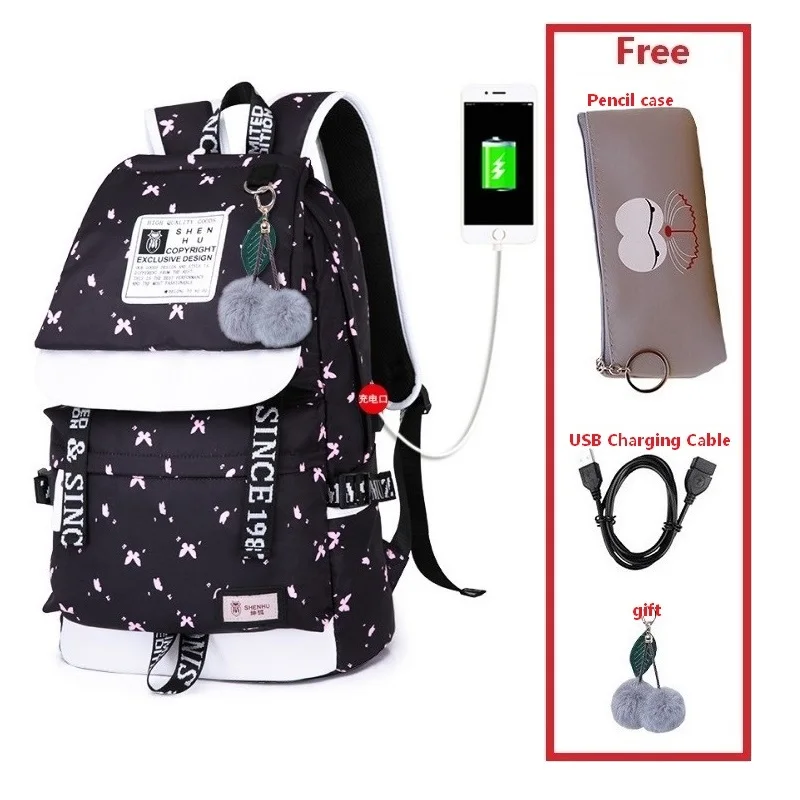 set 23 Новинка, рюкзак для ноутбука для девочек, USB, водонепроницаемый, школьная сумка, высокое качество, для студентов колледжа, брезентовый Рюкзак, escolar, аниме, с рюшами - Цвет: set 23