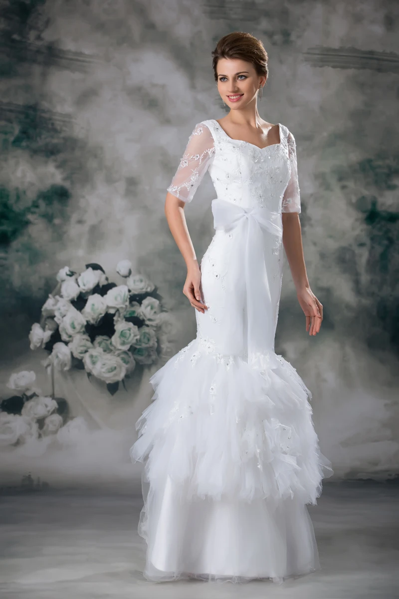 Винтаж Свадебные платья русалки с короткими рукавами юбкой из тюля кружевами и