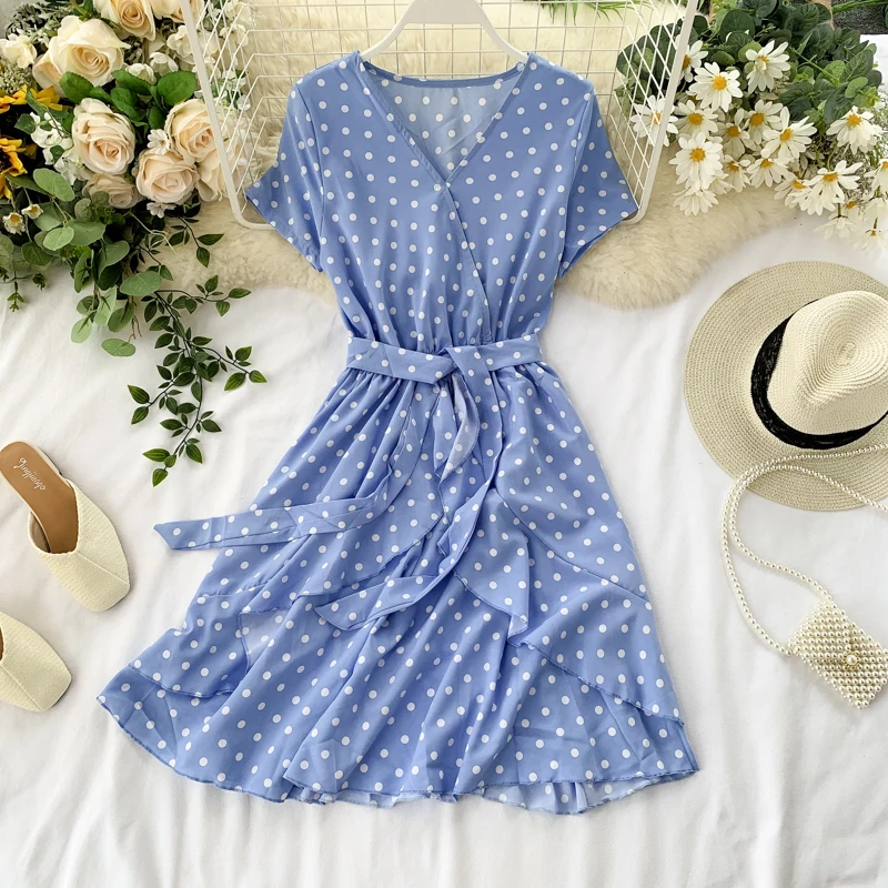 Vintage Polka Dot Print V Neck Ruffles Short Bandage Dress Chiffon Summer Party Women Casual High Waist Beach Dresses