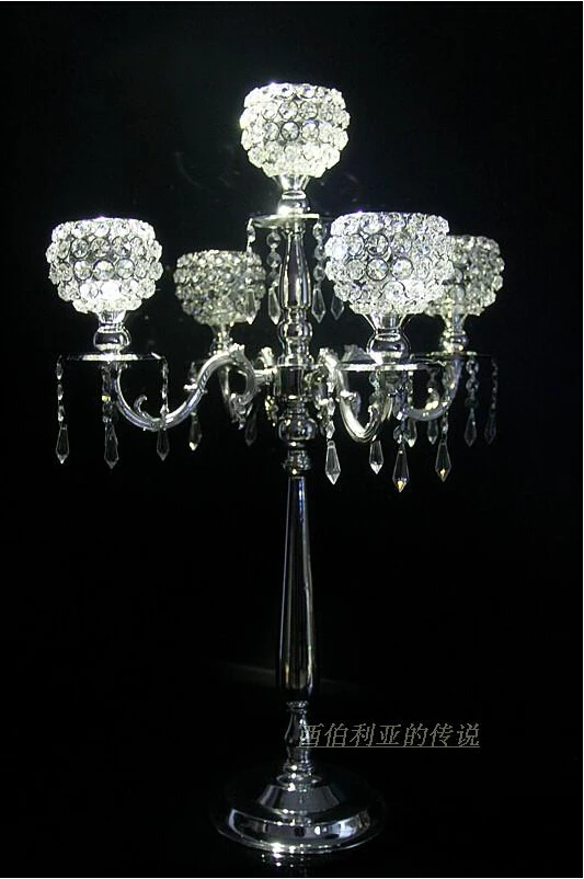 

H76cm 5-branch silver metal floor wedding candelabra candelabrum candlestick candle holder with crystal ball ZT027