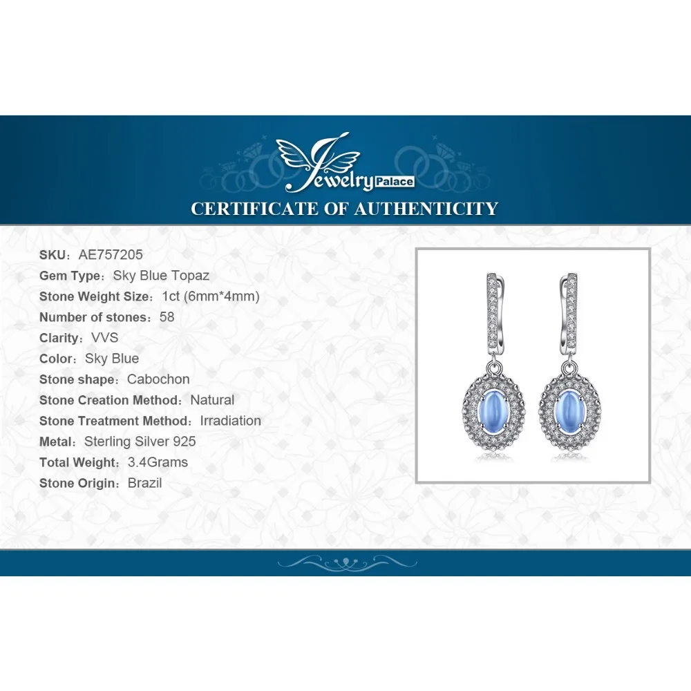 JewelryPalace Роскошные 1.3ct Подлинная кабошон голубой топаз Длинные Висячие серьги для