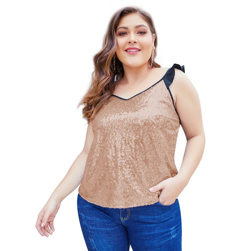 Женская сорочка Плюс размер сексуальный v-образным вырезом блестками топик без