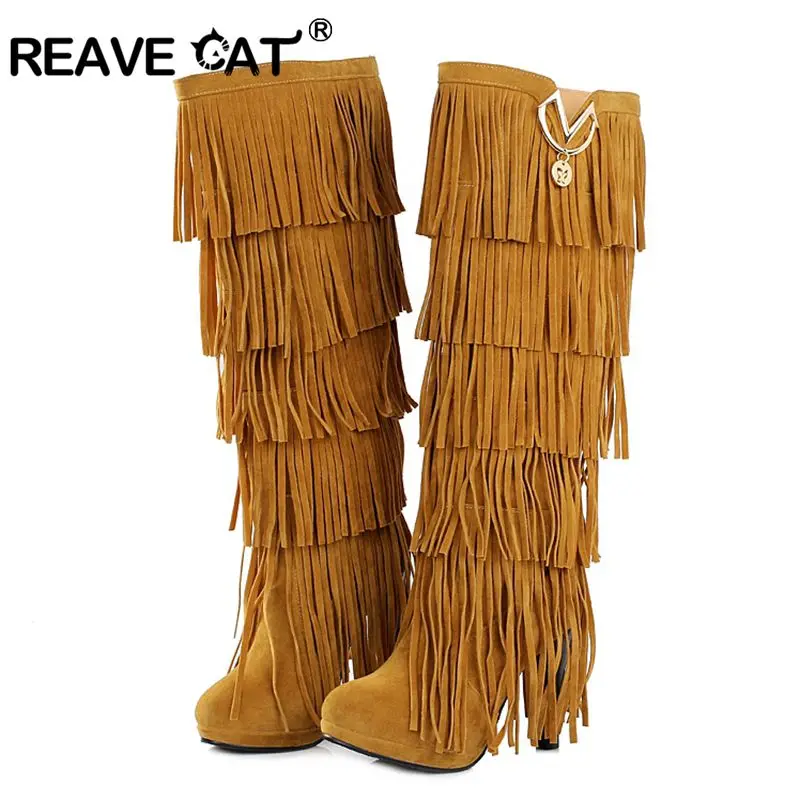 Женские сапоги с мехом REAVE CAT новые зимние до колена из флока на высоком каблуке