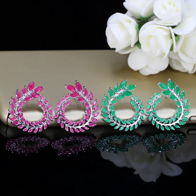 Женские Крупные круглые серьги гвоздики BeaQueen в форме листьев зеленой оливковой