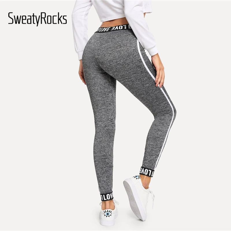 SweatyRocks серые леггинсы для фитнеса с буквенным принтом и завязками на талии, женская одежда для активного отдыха, весенне-Летние повседневные модные штаны